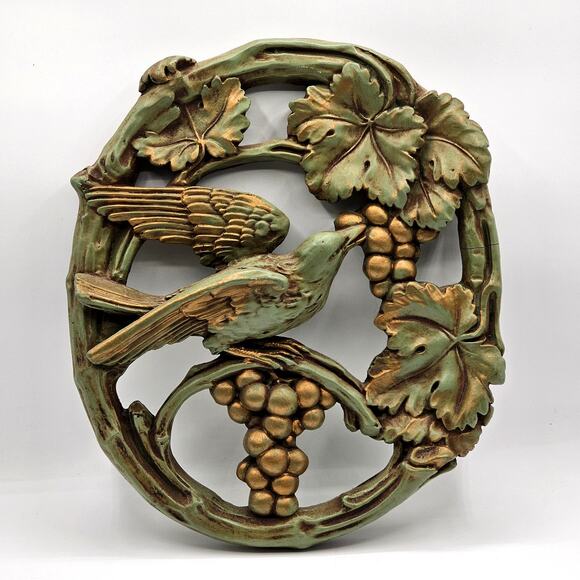 Mid-Century 1950s Universal Statuary Corp Bird Wall Art - Green-Gold 3D Plaque - Picture 3 of 10